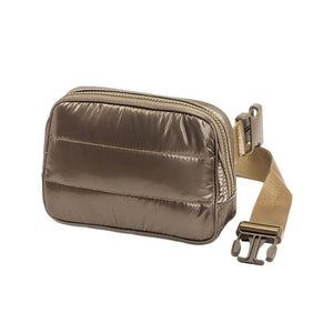 Bronze Glossy Puffer Rectangle Sling Bag Fanny Bag Belt Bag, this stylish is bag made from durable material to ensure maximum protection and comfort. It features a fashionable design with adjustable straps, and secure buckle closure ensuring your valuables are safe and secure. The perfect for any occasion, shopping, etc.