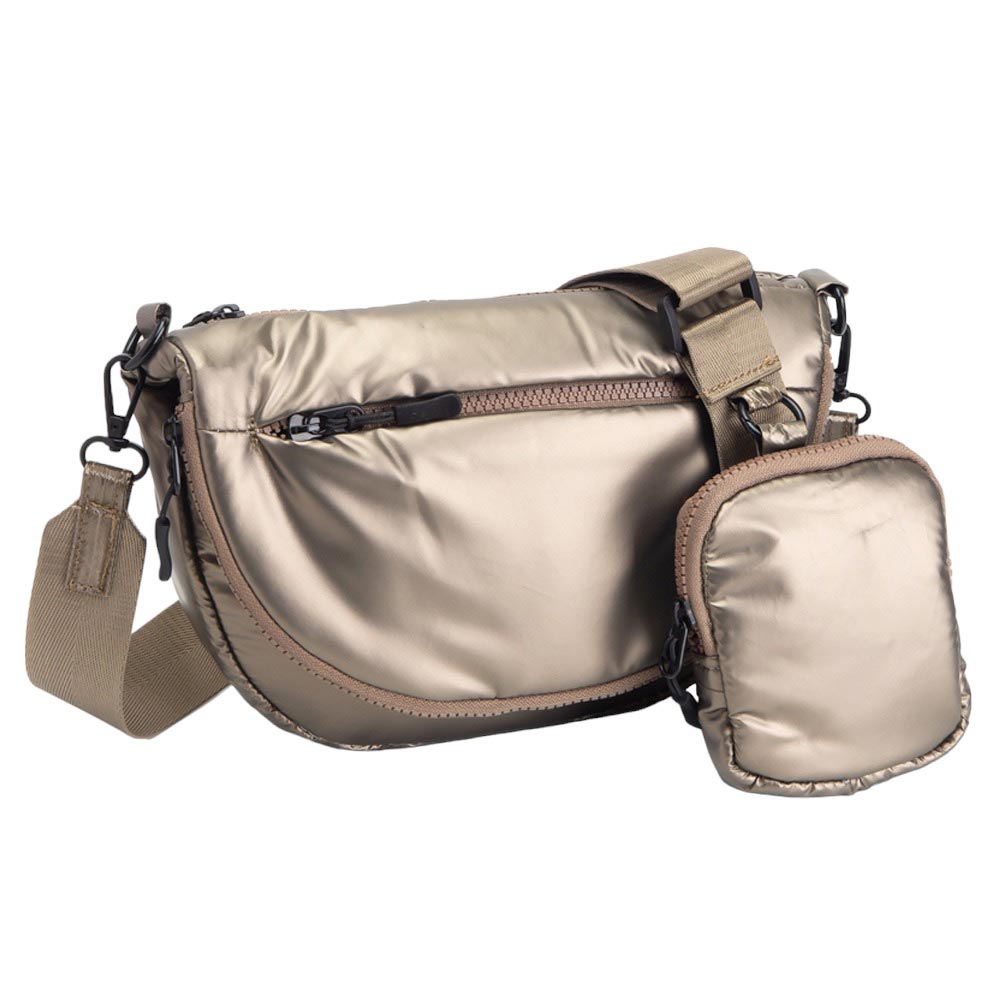 Bronze Puffer Half Moon Crossbody Bag, the lightweight, stylish design features a durable water-resistant nylon that is perfect for outdoor activities. The adjustable shoulder strap makes it easy to sling across your body for hands-free convenience. Carry your essentials in style and comfort with this fashionable bag.