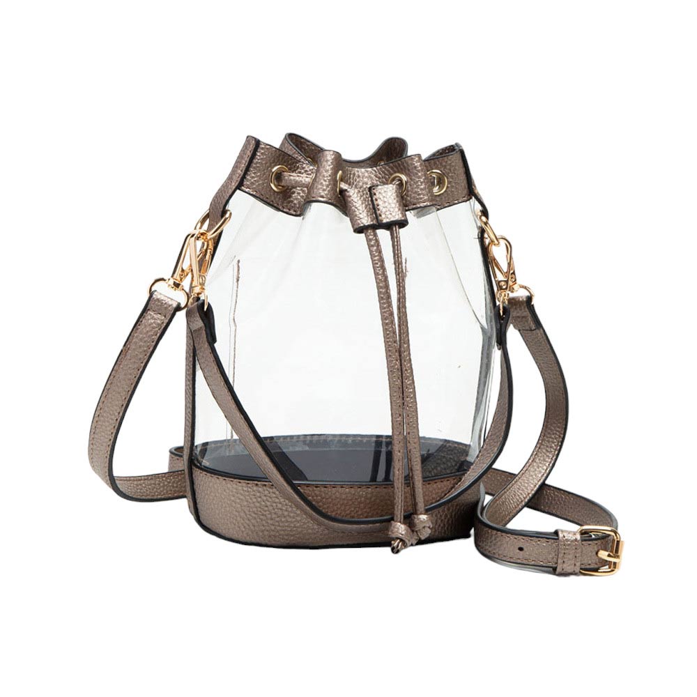 Bronze-Solid Faux Leather Transparent Bucket Bag, The perfect accessory for your daily needs. Made of durable and trendy faux leather, this bag features a unique transparent design, allowing you to easily access your items while adding a touch of style to your outfit.