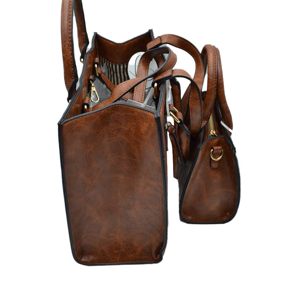 Brown 2 In 1 Faux Leather Flower Detailed Tote Shoulder Bag set, Crafted from high-quality faux leather, the tote bags feature an outside zipper pocket and come with a convenient shoulder strap for easy carrying. With its sleek design and versatile use, perfect way to add a touch of sophistication to any outfit.