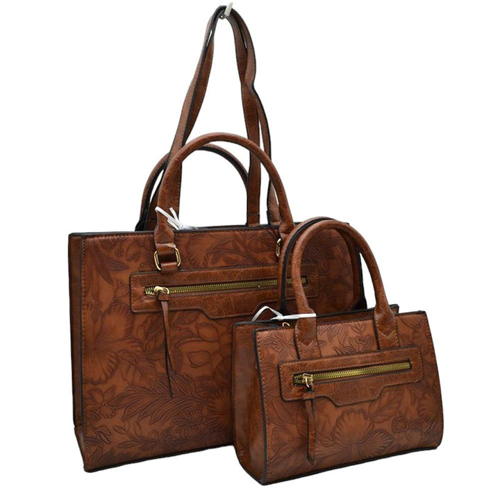 Brown 2 In 1 Faux Leather Flower Detailed Tote Shoulder Bag set, Crafted from high-quality faux leather, the tote bags feature an outside zipper pocket and come with a convenient shoulder strap for easy carrying. With its sleek design and versatile use, perfect way to add a touch of sophistication to any outfit.