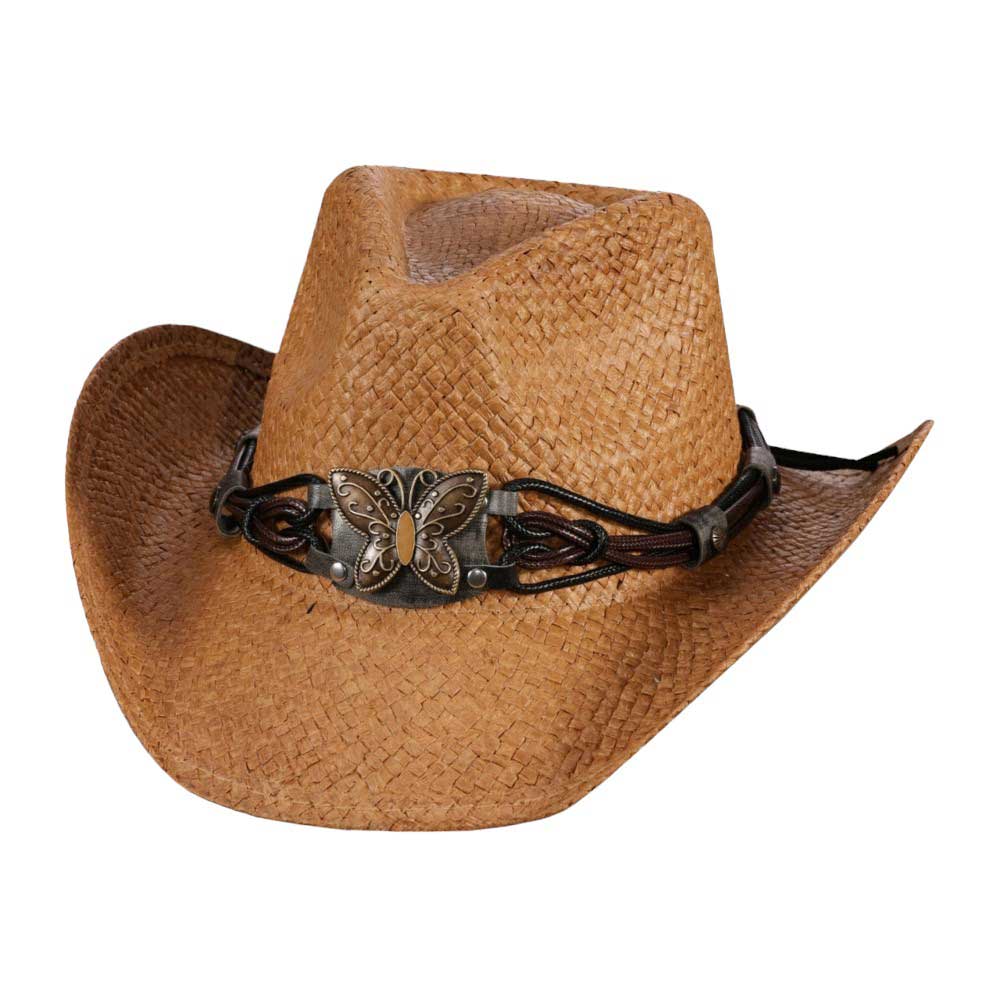 Brown Butterfly Accented Faux Leather Band Straw Cowboy Hat, This straw cowboy hat features a faux leather band adorned with beautiful butterfly accents. The combination of natural materials and elegant embellishments makes this hat a stylish and environmentally friendly accessory. Perfect gift idea for western lovers!