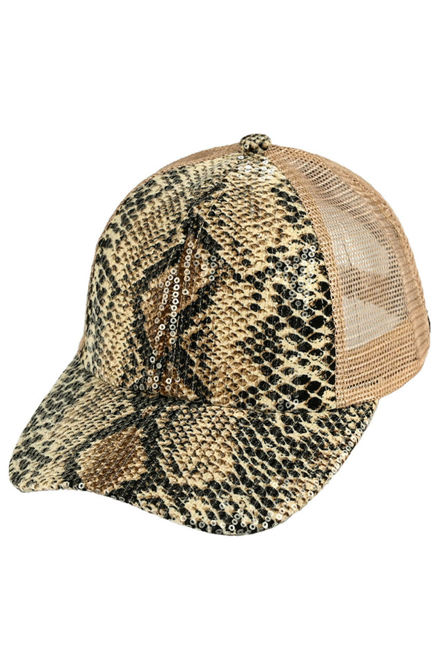 Brown C.C Snake Pattern Liquid Sequin Criss Crossed Cap adds a touch of glamour to any outfit with its unique snake pattern and liquid sequin design. Made with high-quality materials, this cap is both stylish and durable. Perfect for any fashion-forward individual.
