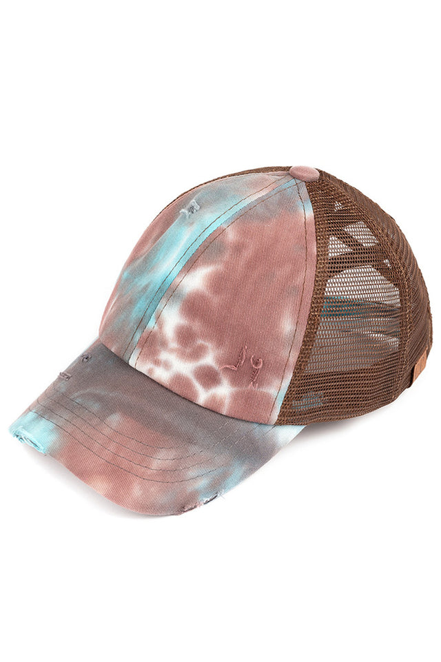 Brown C.C TIE DYE CRISS-CROSS MESH PONYCAP is a trendy and stylish addition to any outfit. With its unique tie-dye design and criss-cross mesh detailing, it's sure to turn heads. Made with high-quality materials, this ponytail cap provides both comfort and style. Perfect for any fashion-forward individual looking to make a statement.