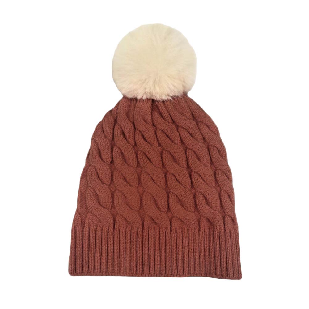 Brown Cable Knit Faux Fur Pom Pom Beanie Hat, is a great way to stay warm in cold weather. The faux fur adds an extra layer of insulation to keep you extra cozy, while the cable knit adds an elegant texture. The pom pom on top adds a touch of fashion for a stylish look. Perfect gift for the persons you care about the most.