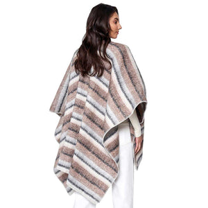 Brown Cozy Striped Three Tone Ruana Poncho, is made with a blend of soft, durable materials for maximum warmth and comfort. The unique three-tone striped pattern is both fashionable and eye-catching. A thoughtful gift for fashion-loving friends and family members, special ones, and colleagues this winter.