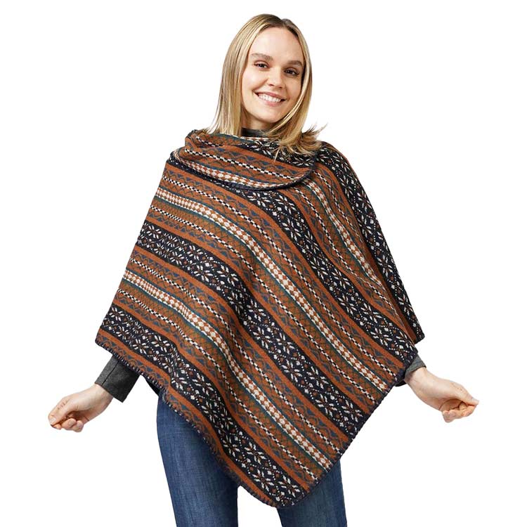 Brown Ethnic Patterned Poncho, with the latest trend in ladies' outfit cover-up! the high-quality knit poncho is soft, comfortable, and warm but lightweight. Its beautiful color variation goes with every outfit. It's perfect for your daily, casual, and any outfit. A fantastic gift for your friends or family.