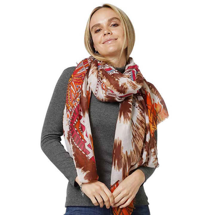 Brown Ethnic Printed Scarf, this timeless ethnic printed scarf is a soft, lightweight, and breathable fabric, close to the skin, and comfortable to wear. Sophisticated, flattering, and cozy. Look perfectly breezy and laid-back as you head to the beach. Perfect gift for birthdays, holidays, or fun nights out.