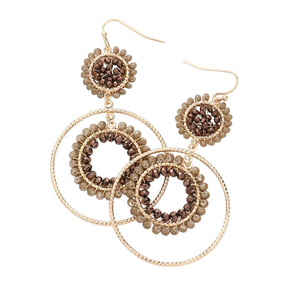 Brown Faceted Beaded Metallic Tiered Circle Dangle Earrings, will add a touch of subtle sparkle to your outfit. Crafted with a modern and eye-catching design, these earrings feature a faceted bead, a tiered circle, and a dangle pattern for a unique and stylish look. Perfect for either a special occasion or everyday wear.
