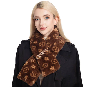 Brown Faux Fur Patterned Chain Pull Through Scarf, delicate, warm, on-trend & fabulous, a luxe addition to any cold-weather ensemble. Great for daily wear in the cold winter to protect you against chill. Perfect Gift for Wife, Mom, Birthday, Holiday, Christmas, Anniversary, Fun Night Out. Happy Winter!