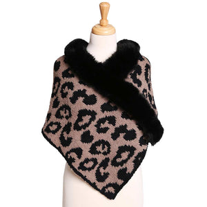 Brown Introducing the Faux Fur Pointed Leopard Patterned Shawl - a stylish addition to any wardrobe. Crafted from soft faux fur, it features a distinct leopard pattern to give any outfit a fierce edge. Perfect Gift for Wife, Mom, Birthday, Holiday, Anniversary, Fun Night Out. Happy Winter!