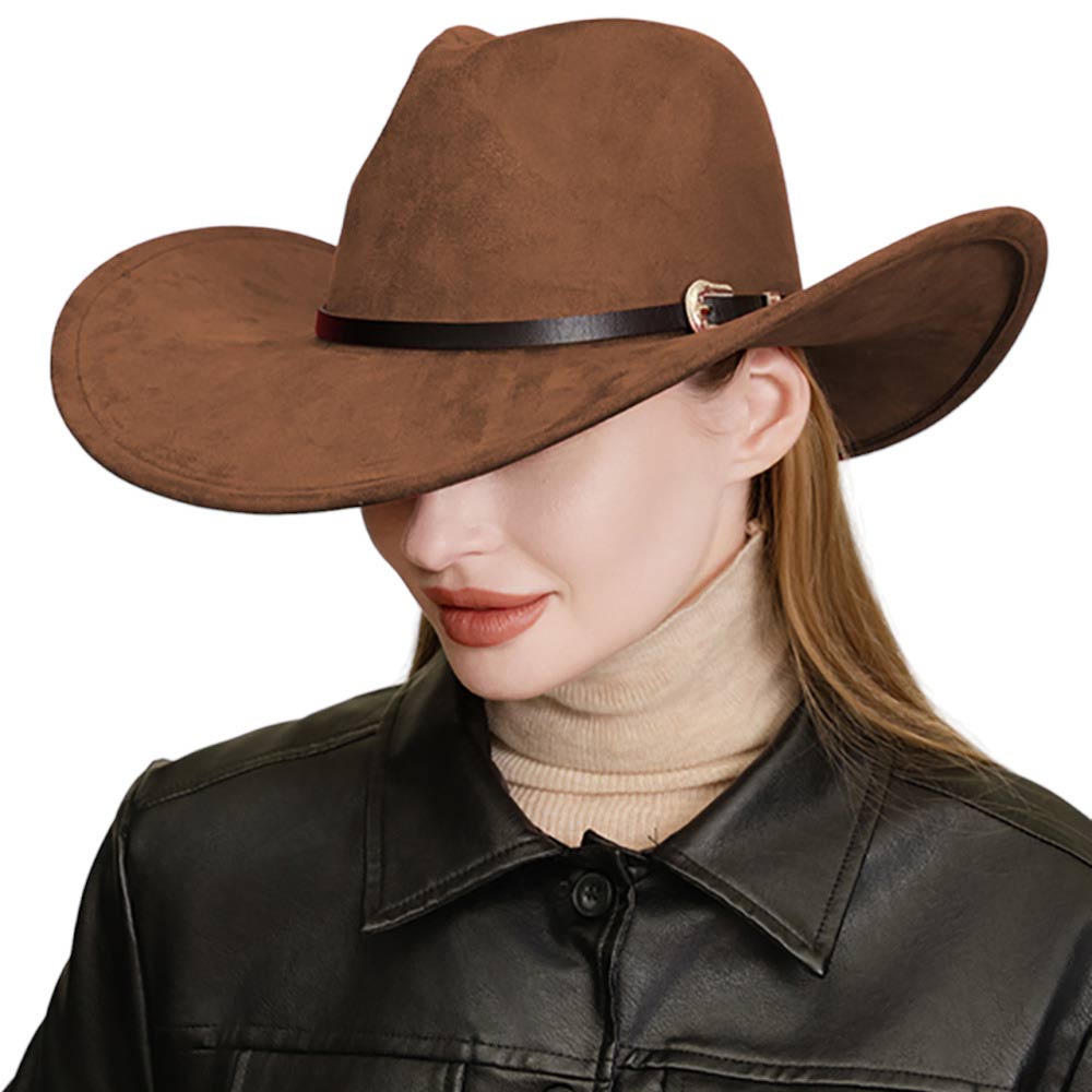 Brown Faux Leather Band Solid Cowboy Fedora Panama Hat, Look great in any setting with this hat. Featuring a smooth, classic design with a solid faux leather band and a western theme, this hat provides both timeless style and versatility. It's the perfect accessory for any casual or formal look.
