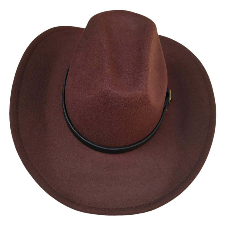 Brown-Faux Leather Belt Pointed Western Cowboy Fedora Hat, Made with high-quality faux leather, this fedora hat features a pointed design and a belt for added style. Perfect for any occasion, it's the perfect accessory for any fashion-savvy individual. Upgrade your look with this must-have hat.