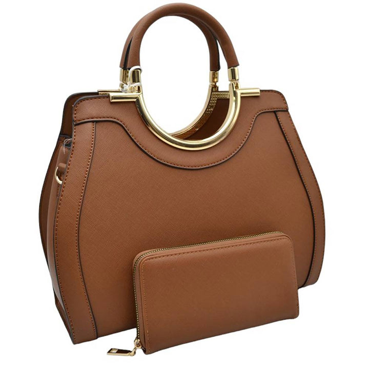 Brown Faux Leather Round Top Handle Tote Bag With Wallet, is stylish and functional. Crafted from high-quality faux leather, this bag features a round top handle for easy carrying. The included wallet provides you with a secure place to store small items. Keep your belongings safe and look fashionable at the same time.