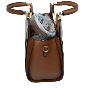 Brown Faux Leather Round Top Handle Tote Bag With Wallet, is stylish and functional. Crafted from high-quality faux leather, this bag features a round top handle for easy carrying. The included wallet provides you with a secure place to store small items. Keep your belongings safe and look fashionable at the same time.