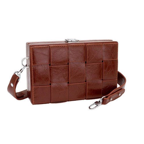 Faux Leather Woven Square Box Crossbody Bag - Brown