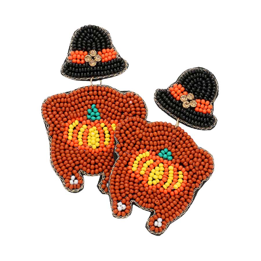 Brown Felt Back Seed Beaded Pumpkin Pointed Turkey Dangle Earrings, are fun handcrafted jewelry that fits your lifestyle, adding a pop of pretty color. These tiny turkey earrings will surely bring a smile to one's face as a gift. This is the perfect gift for Thanksgiving, especially for your friends, family, and your love.