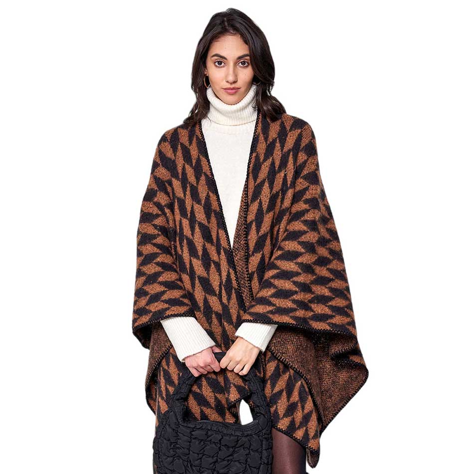 Black Geometric Patterned Knit Kimono Poncho, adds a stylish touch to any outfit. Crafted with care, the quality of this poncho gives you a comfy fit and feel. Enjoy a unique blend of fashion and comfort. A thoughtful gift for fashion-loving friends and family members, special ones, and colleagues this winter.