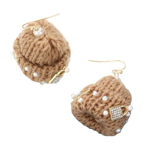 Brown Gold Pearl Key Heart Lock Embellished Knit Beanie Hat Dangle Earrings, These Earrings offer a stylish yet functional design. With their fish hook back, these earrings have an easy-to-use design with a unique lock & key theme set with pearls for an extra special touch to your wardrobe. Show off your style with these today. 