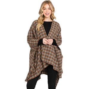 Brown Houndstooth Patterned Ruana Poncho, with the latest trend in ladies' outfit cover-up! the high-quality knit ruana poncho is soft, comfortable, and warm but lightweight. It's perfect for your daily, casual, party, evening, vacation, and other special events outfits. A fantastic gift for your friends or family.