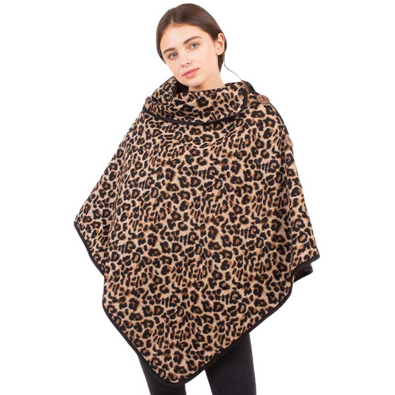 Brown Leopard Pattern Turtleneck Coconut Button Poncho, is perfect for any occasion. Crafted from a lightweight polyester fabric, it features a classic leopard pattern for a stylish look, along with a turtleneck neckline and coconut buttons for an extra touch of subtle elegance. The perfect addition to your wardrobe.