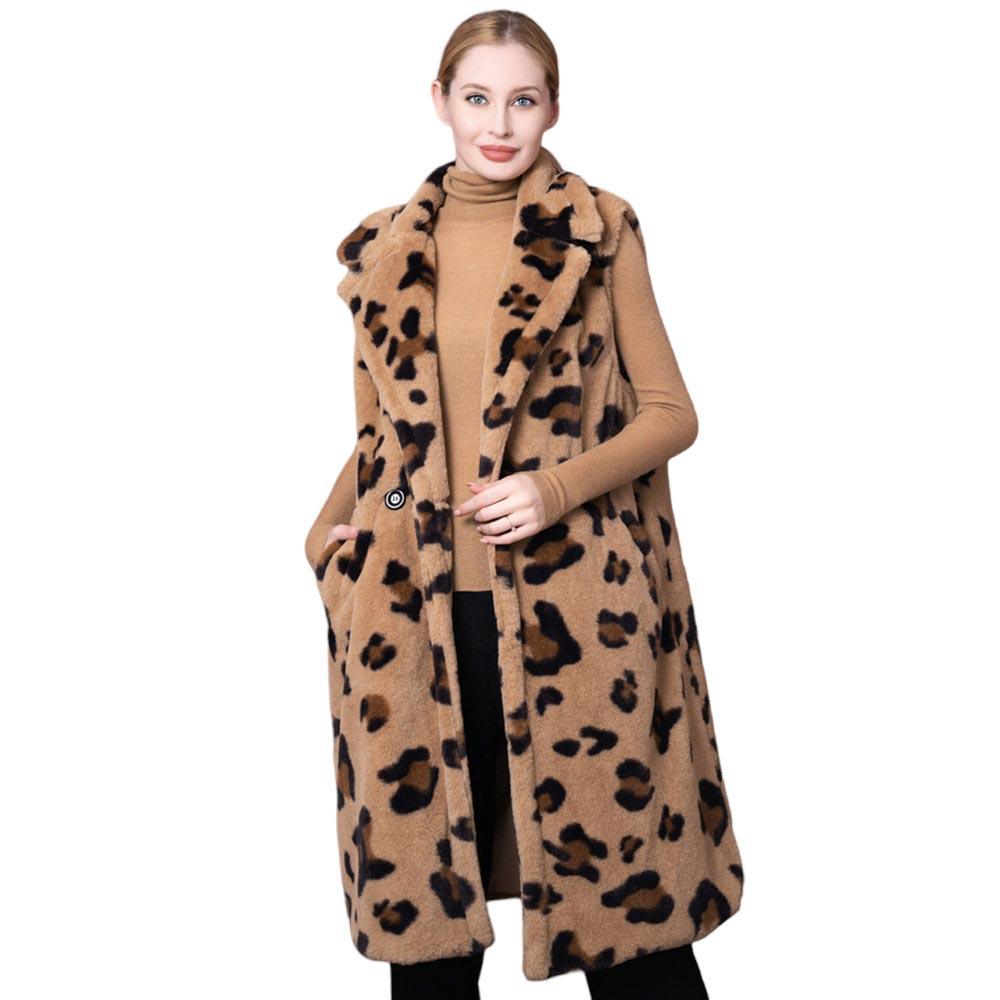 Brown Leopard Patterned Faux Fur Long Vest, the perfect accessory, luxurious, trendy, super soft chic capelet, a luxe addition to any cold-weather ensemble. You can throw it on over so many pieces elevating any casual outfit! Perfect Gift for Birthday, Holiday, Christmas, Anniversary, Fun Night Out, etc. Happy Winter!
