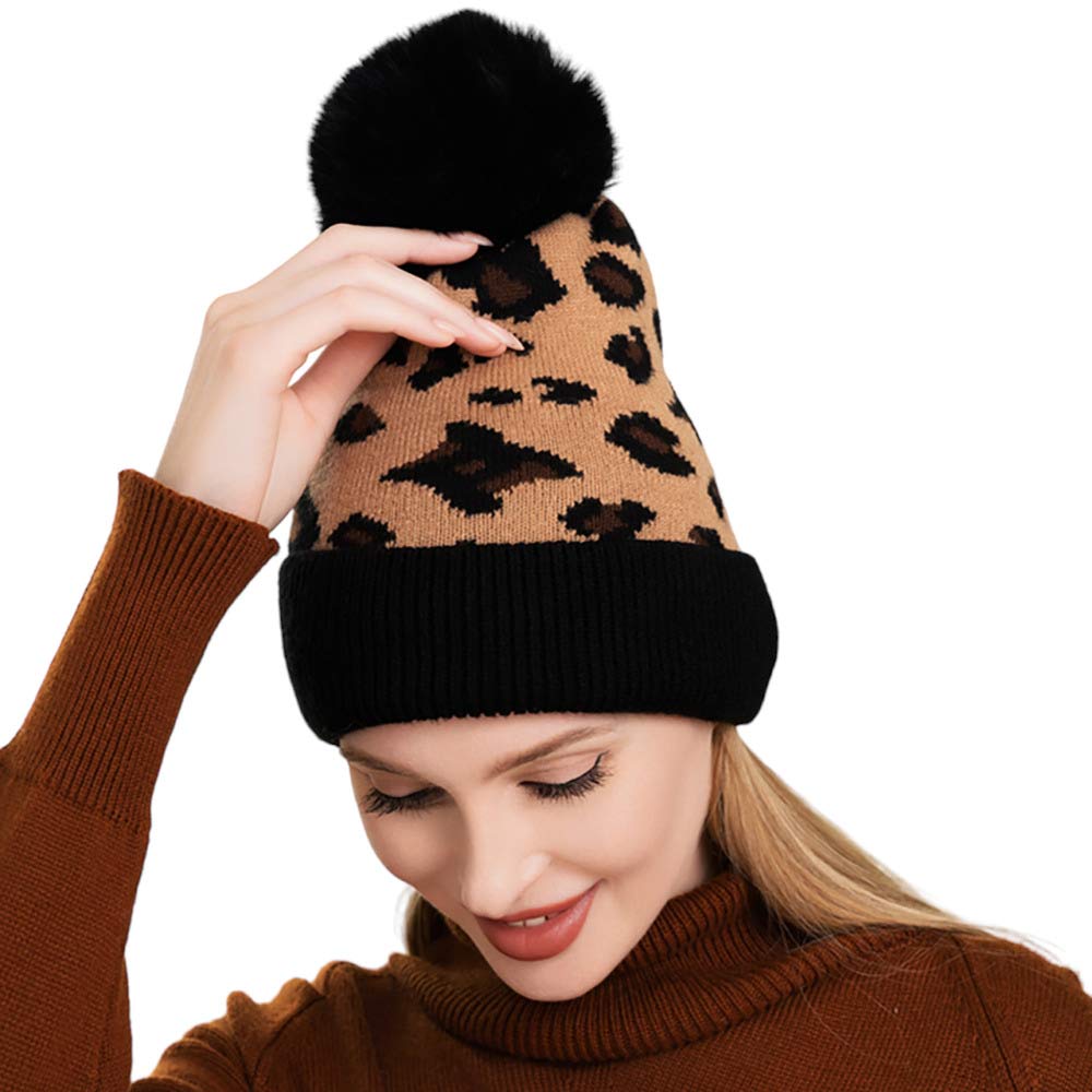 Brown Leopard Patterned Faux Fur Pom Pom Beanie Hat, Keep your head warm and stylish in this hat. The luxurious faux fur material provides a soft, comfortable feel. The unique leopard-patterned design adds an elegant touch. Warming gift item for teenagers, fashion enthusiasts, friends & family members, and yourself. 