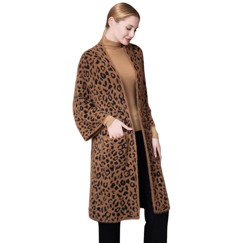 Brown Leopard Patterned Pockets Cardigan, delicate, warm, on-trend & fabulous, a luxe addition to any cold-weather ensemble. You can put your hands in its front pocket to keep yourself warm. You can throw it on over so many pieces elevating any casual outfit! Perfect Gift for wife, mom, birthday, holiday, etc.