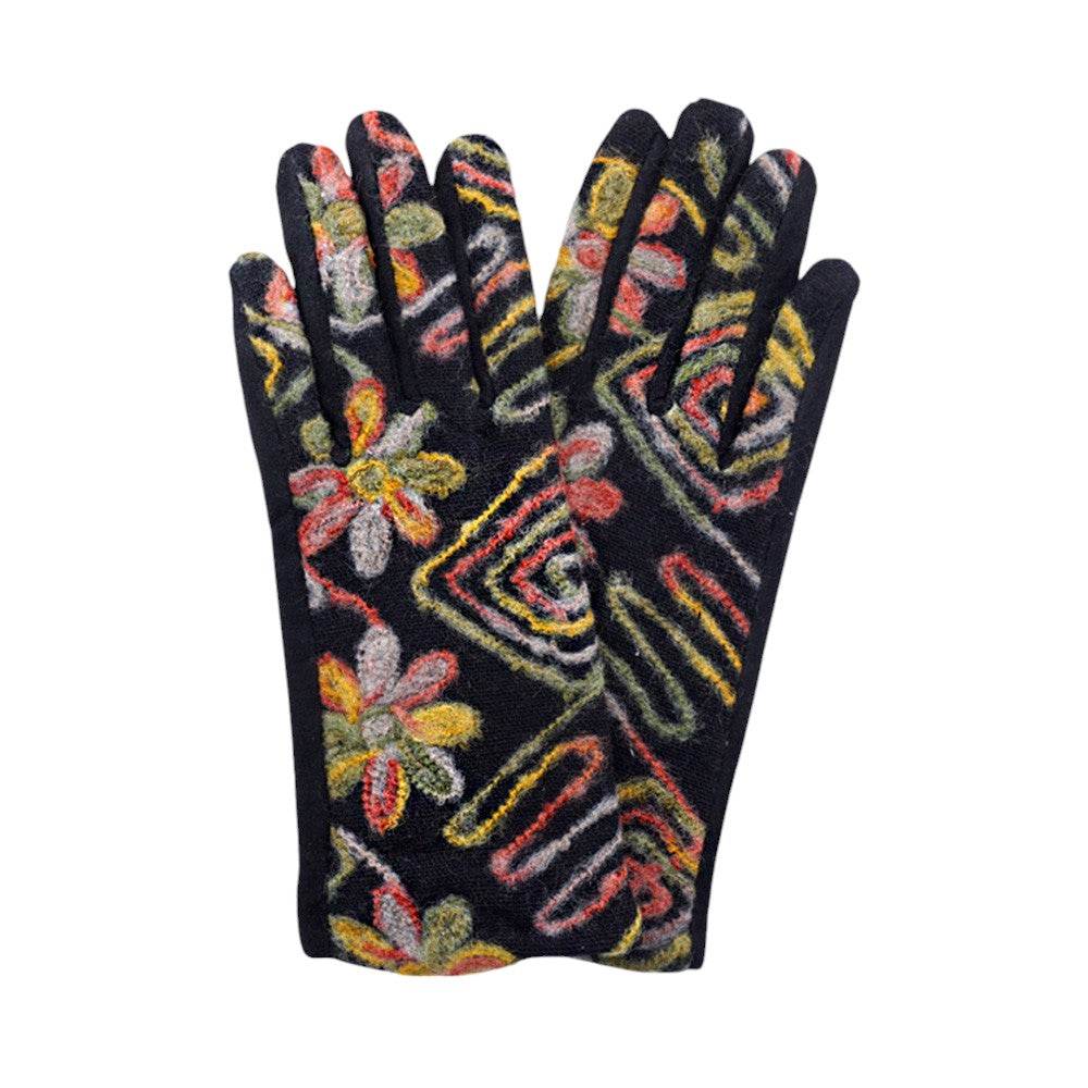 Brown Multi Abstract Yarn Embroidered Smart Touch Gloves crafted with abstract yarn embroidery, keep your hands warm, allow you to use touchscreens without taking them off.