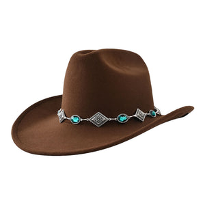 Brown Oval Stone Antique Metal Band Solid Cowboy Fedora Panama Hat, Crafted with a solid construction featuring an oval stone design and a unique antique metal band, it's designed to be durable and fashionable. An excellent gift choice for your fashion-loving family members, friends, young adults, travelers, or yourself!