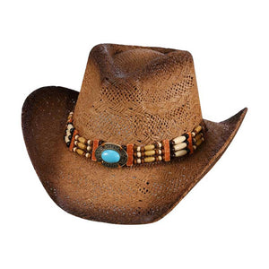 Brown Oval Turquoise Stone Pointed Wood Beaded Straw Cowboy Hat, Step up your Western style with our finely crafted cowboy hat. This hat features a beautiful oval turquoise stone and pointed wood beaded design, adding a unique touch to your outfit. Made with high-quality straw material, it offers both style and comfort.