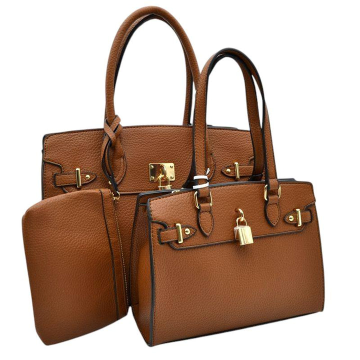 Brown-Padlock Accent 3 in 1 Twin Tote-Satchel Value Set includes a wallet for added convenience. With a stylish padlock accent, this set is perfect for everyday use and travel. Made with high-quality materials, it offers durability and functionality. Get both fashion and functionality with this value set. 