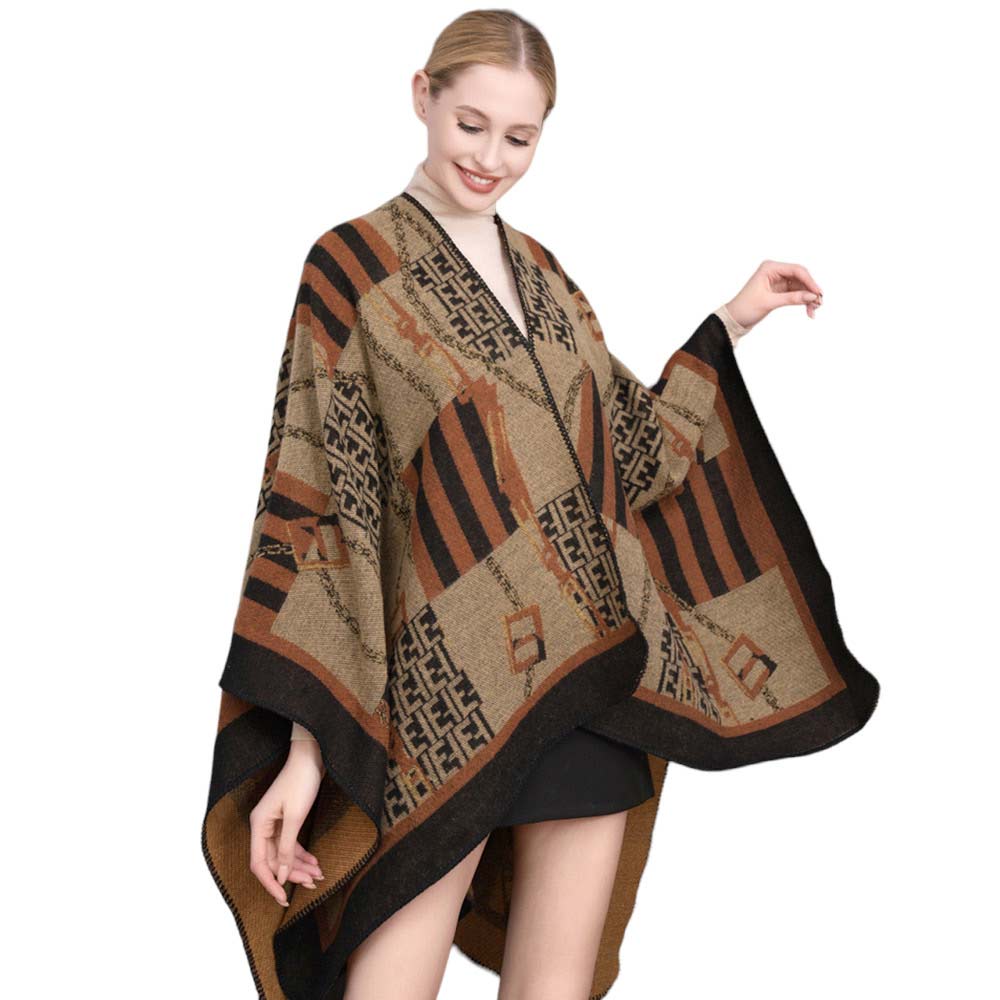 Brown Patterned Border Ruana Poncho, Be stylishly wrapped in this. Crafted with intricately patterned borders, this poncho is perfect for any chic, fashion-savvy look. Soft and lightweight, it's perfect for putting on and taking off as needed. An ideal winter gift for your loved ones. 