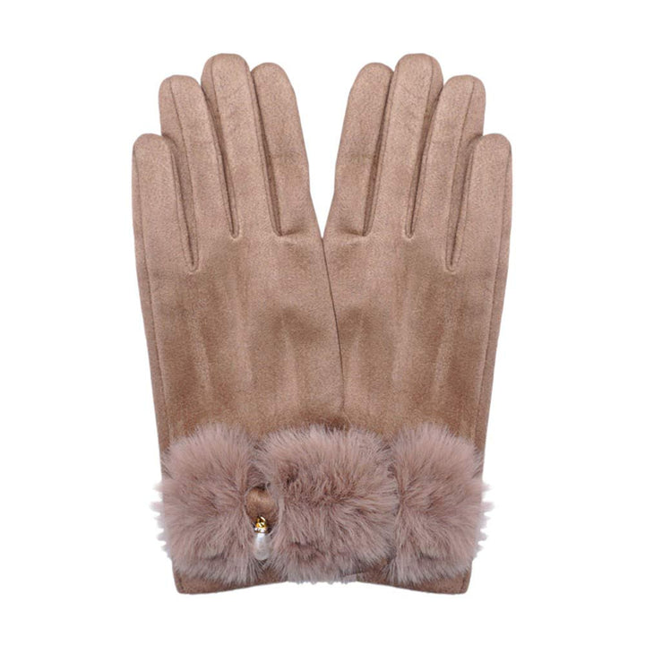 Brown-Pearl Pointed Fuzzy Bow Accented Smart Touch Gloves,  Designed with a classic pearl pointed bow. These gloves are not only stylish but also functional. With smart touch technology, you can easily use your touchscreen devices without having to take them off. Stay warm and connected all winter long.