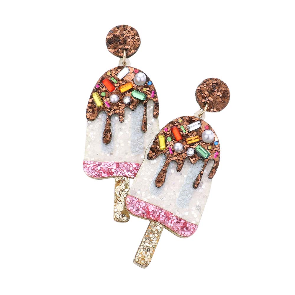 Brown Pearl Stone Embellished Glittered Popsicle Dangle Earrings are fun handcrafted jewelry that fits your lifestyle, adding a pop of pretty color. Enhance your attire with these vibrant artisanal earrings to show off your fun trendsetting style. Great gift idea for your Wife, Mom, or any popsicle lover family member.