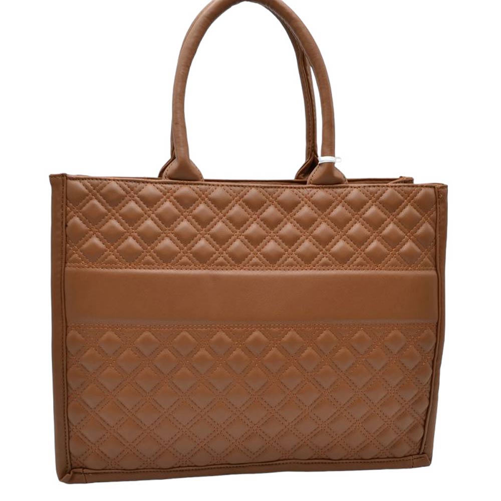 Brown This Quilted Fashion Satchel Tote Bag is the perfect fashion accessory for everyday life. Composed of high-quality quilted cotton, this bag is lightweight yet durable. The spacious interior and multiple pockets provide ample storage for all your essentials. This bag adds a touch of sophistication to any outfit.