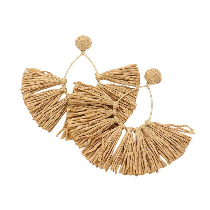 Brown Raffia Fringe Fan Dangle Earrings, Expertly crafted with delicate Raffia Fringe, these earrings add a touch of elegance to any outfit. The fan dangle design creates a unique and eye-catching look, while the lightweight material ensures comfortable wear all day long. Perfect for any occasion.