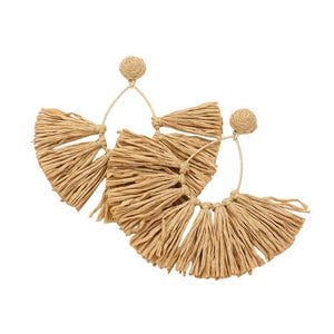 Brown Raffia Fringe Fan Dangle Earrings, Expertly crafted with delicate Raffia Fringe, these earrings add a touch of elegance to any outfit. The fan dangle design creates a unique and eye-catching look, while the lightweight material ensures comfortable wear all day long. Perfect for any occasion.