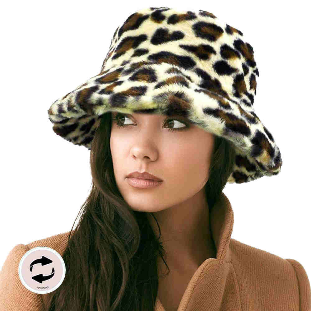 Dark Brown Reversible Leopard Patterned Soft Faux Fur Bucket Hat, stay warm and cozy and protect yourself from the cold. This most recognizable look with a remarkable bold, soft & chic bucket hat. It features a rounded design with a short brim. The hat is foldable and great for daytime. Perfect Gift for cold weather.