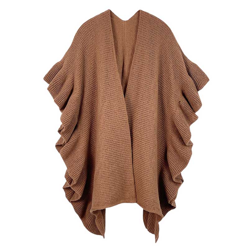 Brown This Reversible Ruffle Sleeves Knit Ruana Poncho adds the perfect touch of sophistication to your look. Crafted from 100% Polyester this poncho features reversible sleeves with a unique ruffle design.  Easy to wear and care for, it's a must-have for any wardrobe. Excellent choice as a gift item for your loved ones. 