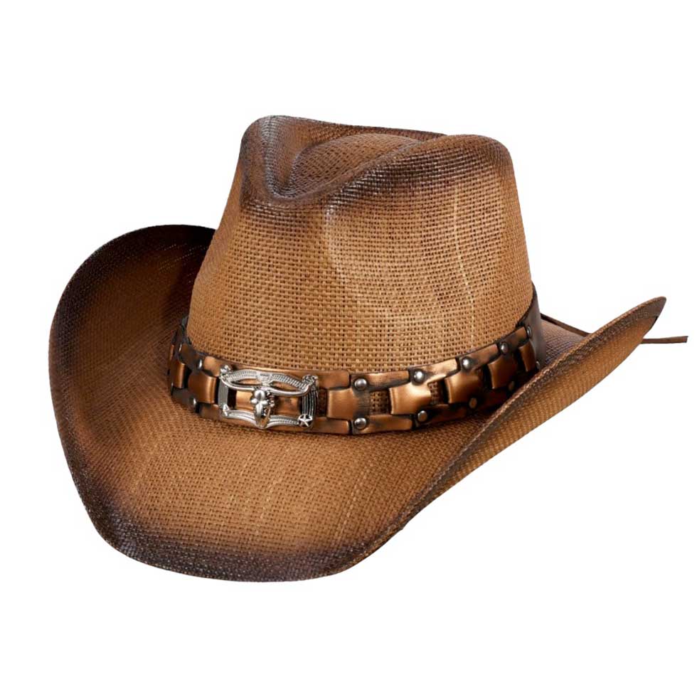 Brown Steer Head Pointed Faux Leather Band Straw Cowboy Hat, Stay stylish and comfortable with our modern cowboy hat. Made with high-quality paper materials, this hat features a classic pointed design and a faux leather band with a steer head embellishment. Perfect for any outdoor or western-inspired event.