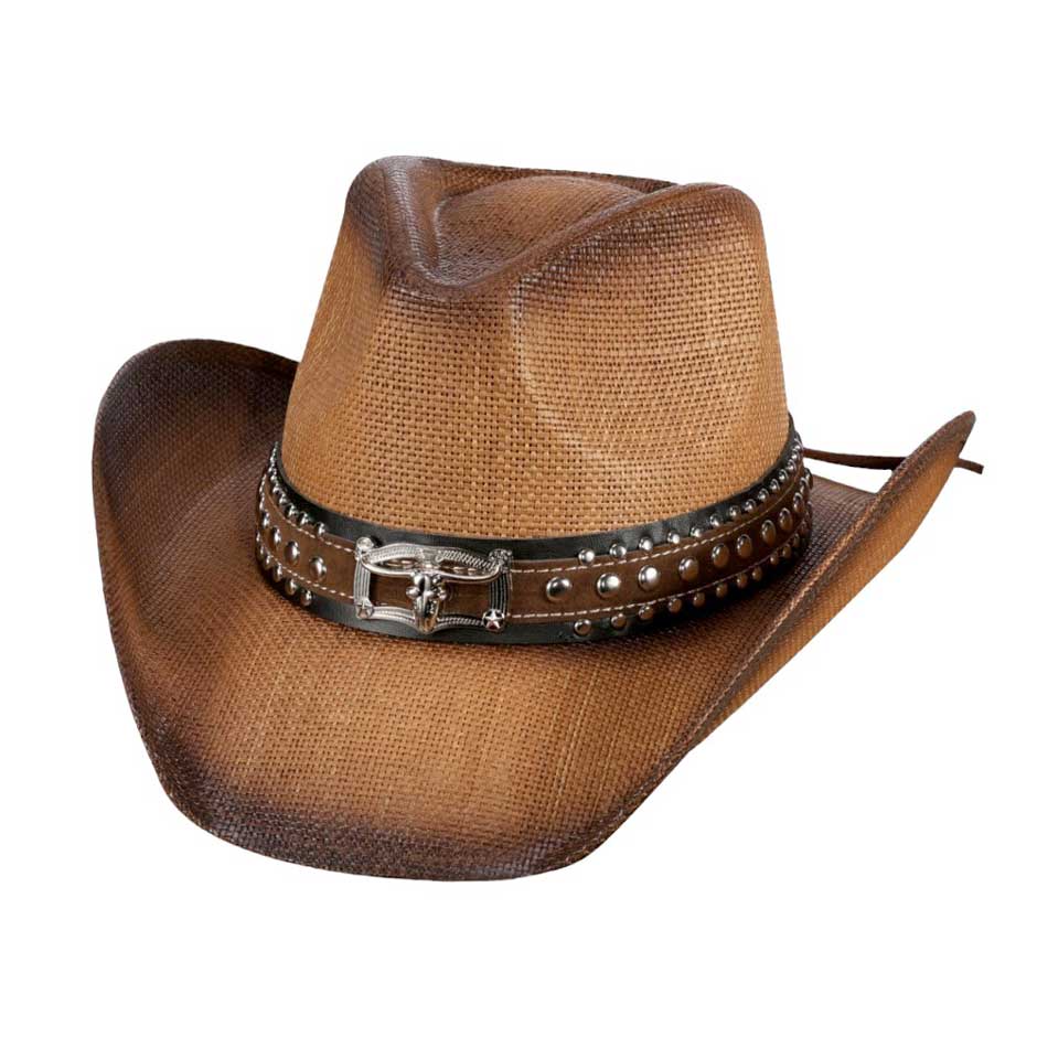 Brown Steer Head Pointed Faux Leather Band Straw Cowboy Hat, Stay stylish and comfortable with our modern cowboy hat. Made with high-quality paper materials, this hat features a classic pointed design and a faux leather band with a steer head embellishment. Perfect for any outdoor or western-inspired event.
