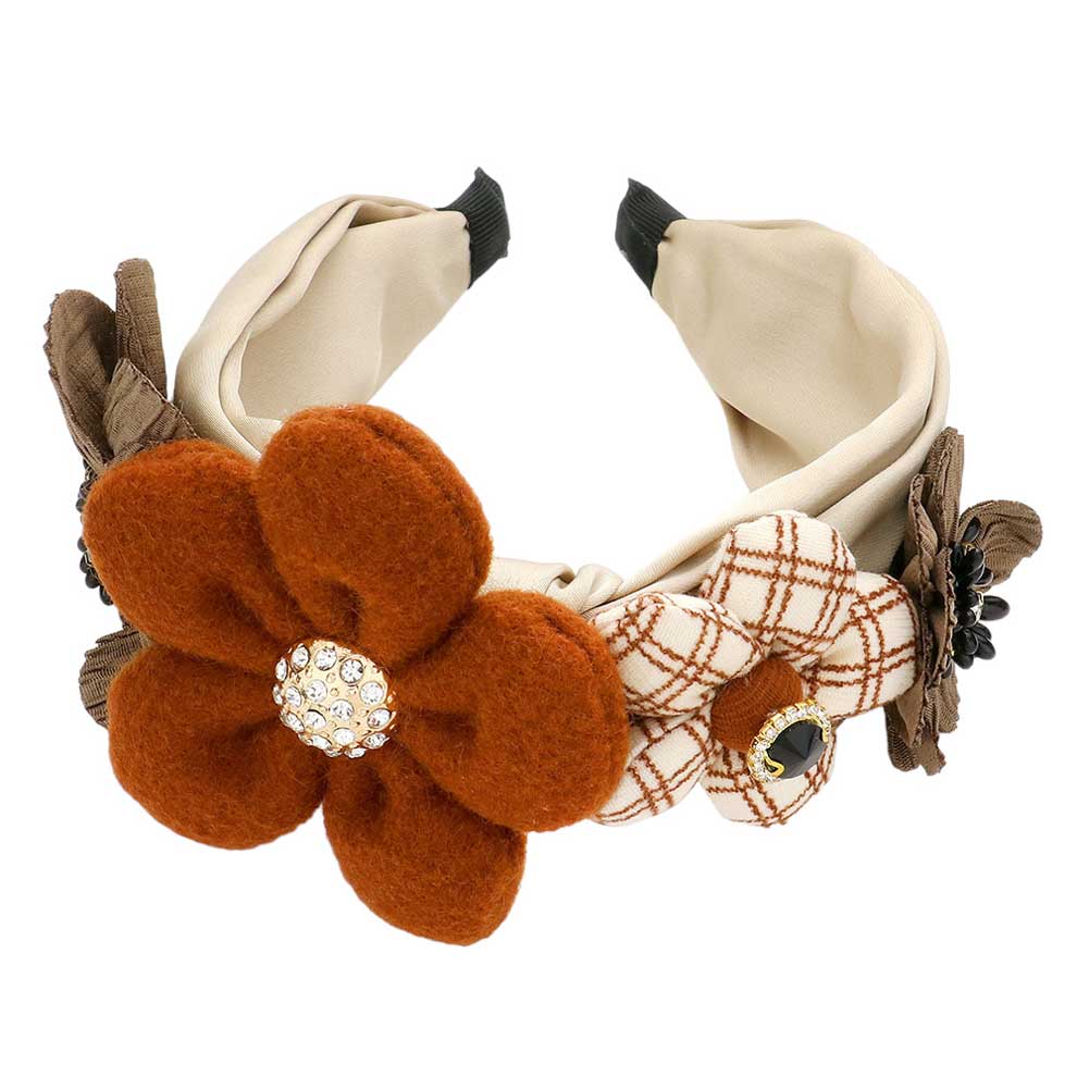 Brown This Stone Embellished Flower Headband is an elegant addition to your outfit. This delightful and unique headband features a beautiful array of stones embellished with a theme of a flower and leaf. It's a Perfect birthday gift, anniversary gift, Mother's Day gift, holiday getaway, or any other event.
