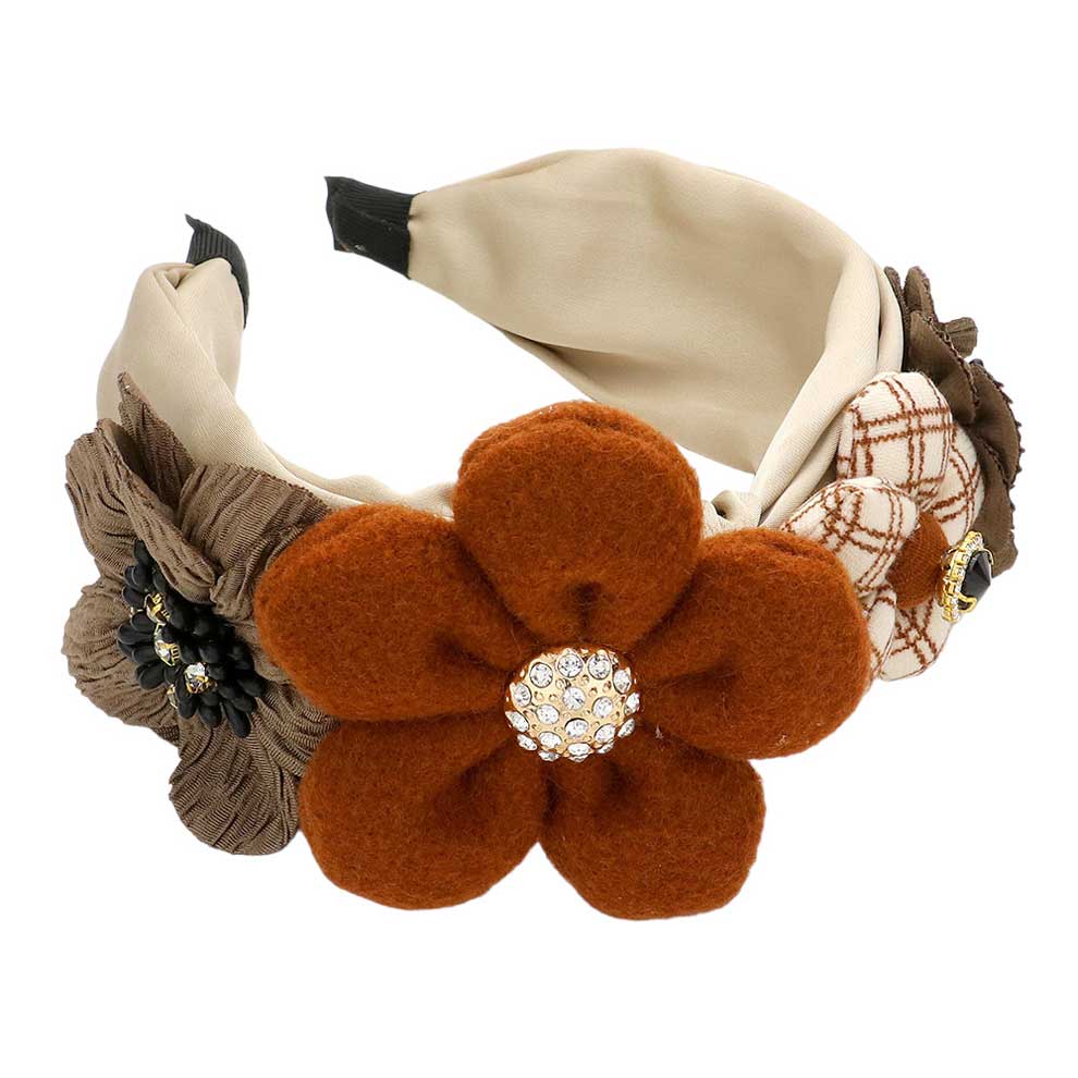 Brown This Stone Embellished Flower Headband is an elegant addition to your outfit. This delightful and unique headband features a beautiful array of stones embellished with a theme of a flower and leaf. It's a Perfect birthday gift, anniversary gift, Mother's Day gift, holiday getaway, or any other event.