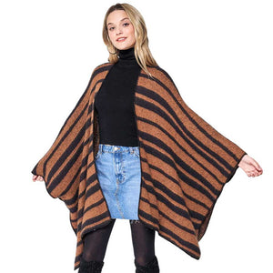 Brown Striped Cozy Two-Tone Knit Kimono Poncho, is crafted from a soft blend of quality materials for a comfortable, stylish look. The two-tone knit pattern ensures a unique, eye-catching piece. A thoughtful gift for fashion-loving friends and family members, special ones, colleagues, or Secret Santa gift exchange in winter.