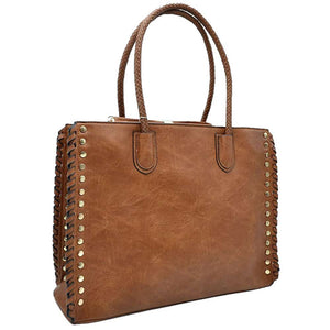 Brown Studded Faux Leather Whipstitch Shoulder Bag Tote Bag, is crafted from high-quality faux leather, featuring a stylish whipstitch trim and studded accents. Its adjustable strap makes it perfect for everyday use, this spacious handbag features a roomy interior to hold all your essentials. This bag is sure to turn heads.