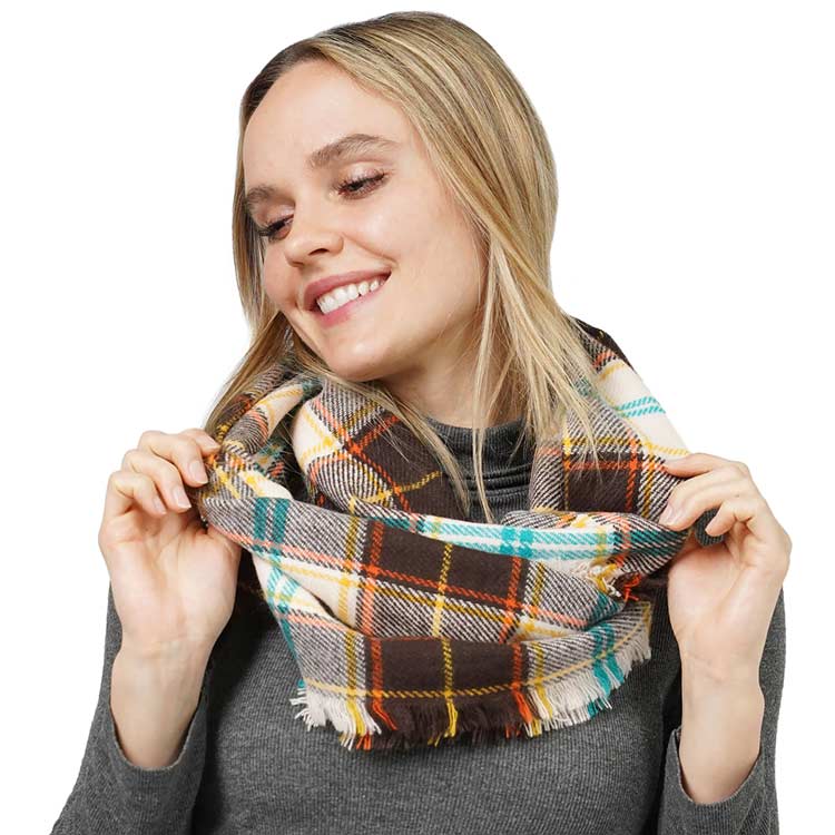 Black Trendy Plaid Check Patterned Infinity Scarf, delicate, warm, on-trend & fabulous, a luxe addition to any cold-weather ensemble. This infinity scarf combines great fall style with comfort and warmth. It's a perfect weight and can be worn to complement your outfit. Perfect gift for birthdays, holidays, or any occasion.
