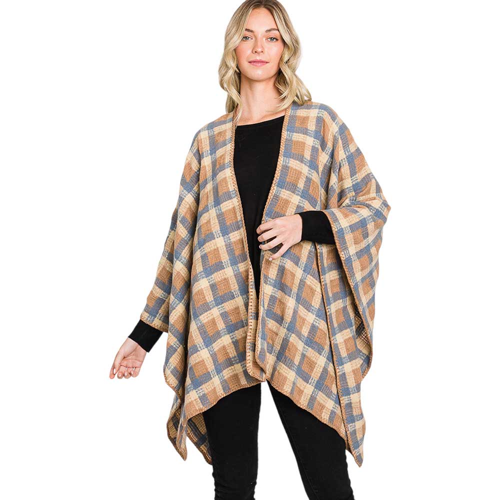 Brown Trendy Plaid Check Patterned Ruana Poncho, with the latest trend in ladies' outfit cover-up! the high-quality knit ruana poncho is soft, comfortable, and warm but lightweight. It's perfect for your daily, casual, party, evening, vacation, and other special events outfits. A fantastic gift for your friends or family.