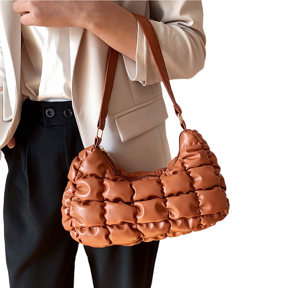 Brown Trendy Quilted Puffer Tote Shoulder Bag, is perfect to carry all your handy items with ease. Great for different activities including quick getaways. Easy to carry with you in your hands or around your shoulders. This is the perfect gift idea for a birthday, holiday, Christmas, anniversary, Valentine's Day, etc.