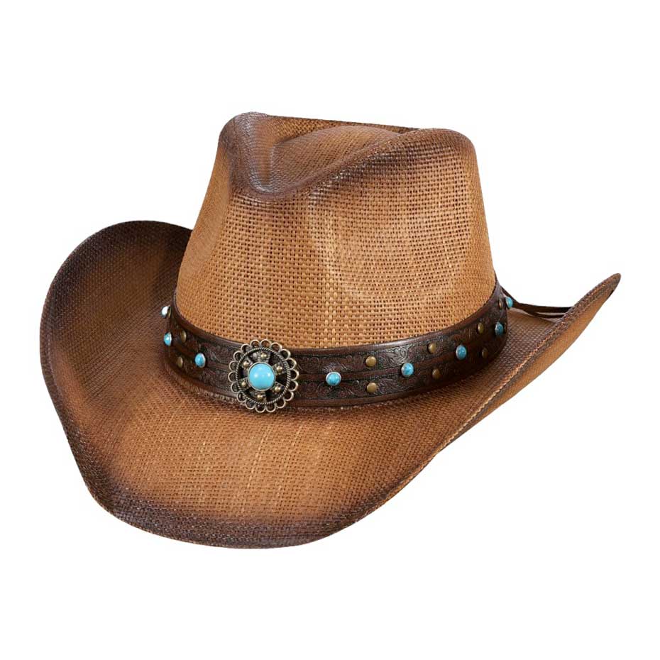 Brown Turquoise Stone Western Flower Pointed Faux Leather Straw Cowboy Hat, Elevate your Western style game with our expertly crafted. Made with high-quality faux leather and sturdy straw materials, this hat features a beautiful turquoise stone with a unique western flower design on the pointed crown. Exude your confidence.